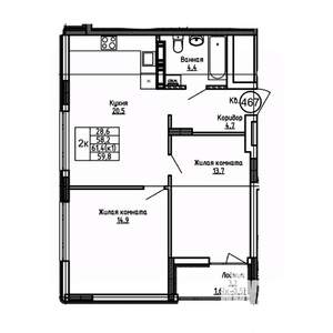 2-к квартира, вторичка, 60м2, 7/9 этаж