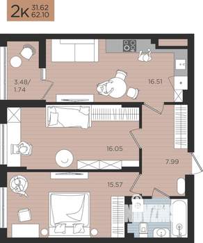 2-к квартира, строящийся дом, 62м2, 7/10 этаж