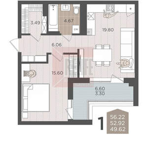 1-к квартира, вторичка, 56м2, 9/9 этаж