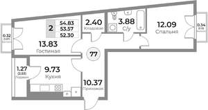 2-к квартира, вторичка, 54м2, 10/10 этаж