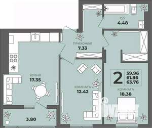 2-к квартира, строящийся дом, 62м2, 6/8 этаж