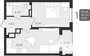 1-к квартира, строящийся дом, 40м2, 6/9 этаж