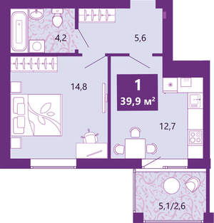 1-к квартира, сданный дом, 40м2, 2/4 этаж