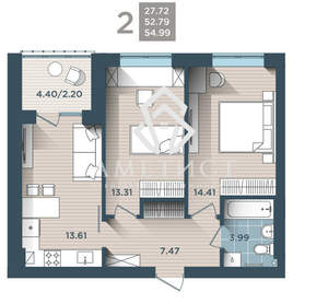 2-к квартира, вторичка, 55м2, 1/4 этаж
