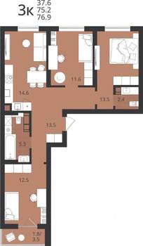 3-к квартира, вторичка, 75м2, 3/9 этаж