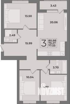 3-к квартира, строящийся дом, 81м2, 4/9 этаж