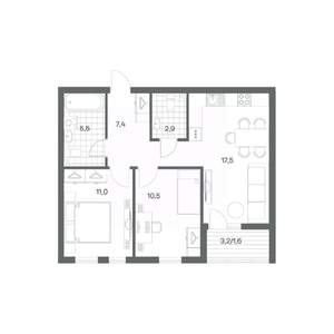 2-к квартира, строящийся дом, 56м2, 2/18 этаж