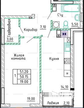 1-к квартира, вторичка, 51м2, 4/9 этаж