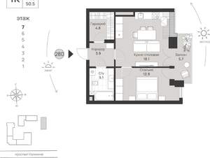1-к квартира, вторичка, 51м2, 7/7 этаж