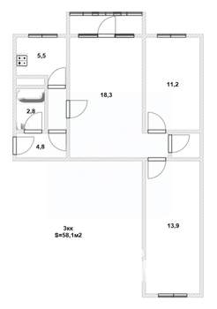 3-к квартира, вторичка, 58м2, 3/5 этаж