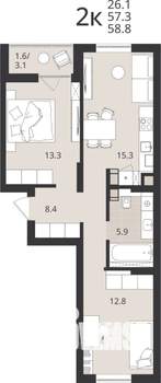 2-к квартира, вторичка, 57м2, 6/9 этаж