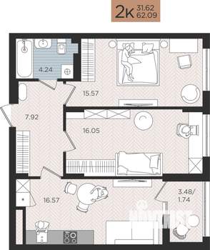2-к квартира, вторичка, 62м2, 10/10 этаж