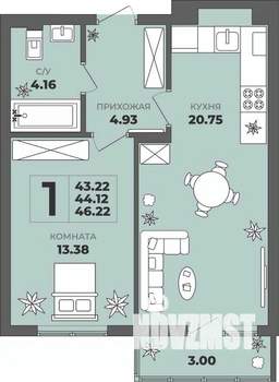 1-к квартира, строящийся дом, 44м2, 1/8 этаж