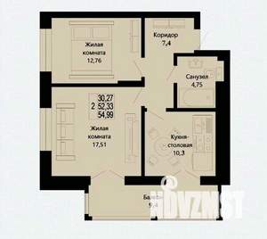 2-к квартира, строящийся дом, 53м2, 10/10 этаж