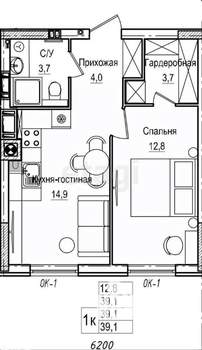1-к квартира, вторичка, 39м2, 1/7 этаж