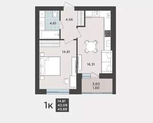 1-к квартира, вторичка, 42м2, 5/9 этаж