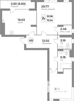 2-к квартира, строящийся дом, 75м2, 5/7 этаж