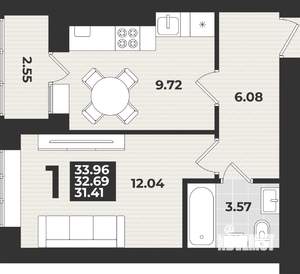1-к квартира, вторичка, 34м2, 1/9 этаж