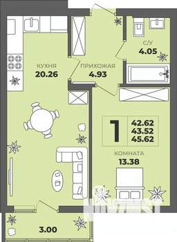 1-к квартира, строящийся дом, 44м2, 2/8 этаж