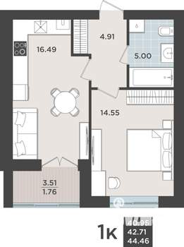 1-к квартира, строящийся дом, 43м2, 9/10 этаж