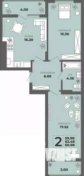 2-к квартира, строящийся дом, 63м2, 4/8 этаж