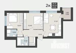 2-к квартира, вторичка, 62м2, 8/9 этаж