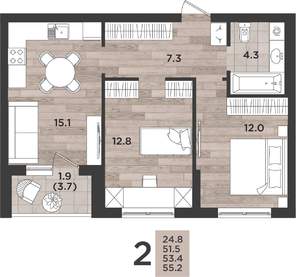 2-к квартира, вторичка, 53м2, 1/12 этаж