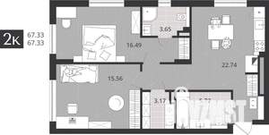 2-к квартира, сданный дом, 67м2, 1/4 этаж