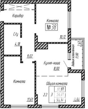 2-к квартира, вторичка, 55м2, 6/16 этаж