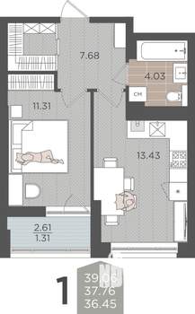 1-к квартира, строящийся дом, 38м2, 9/9 этаж