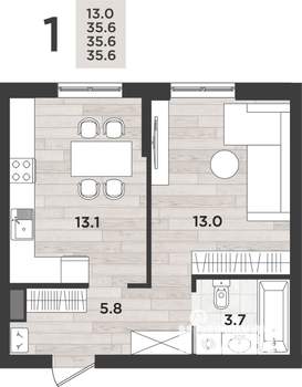 1-к квартира, вторичка, 36м2, 1/12 этаж