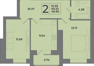 2-к квартира, вторичка, 52м2, 1/9 этаж