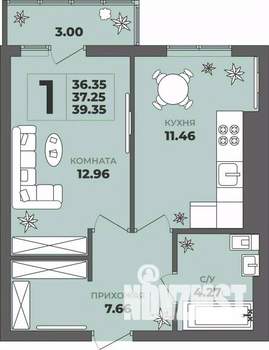 1-к квартира, строящийся дом, 37м2, 4/8 этаж