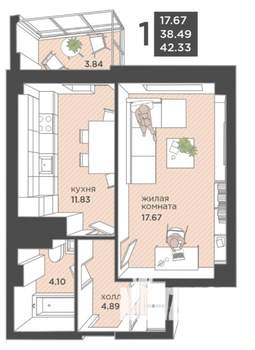 1-к квартира, вторичка, 43м2, 11/25 этаж