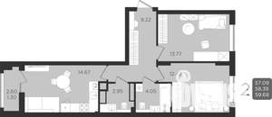 2-к квартира, строящийся дом, 58м2, 6/9 этаж
