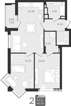 2-к квартира, вторичка, 67м2, 7/9 этаж