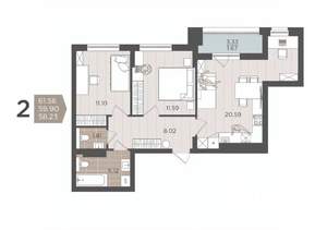 2-к квартира, вторичка, 60м2, 7/9 этаж
