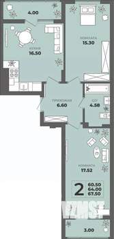 2-к квартира, строящийся дом, 64м2, 1/8 этаж