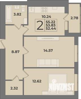 2-к квартира, строящийся дом, 55м2, 8/9 этаж