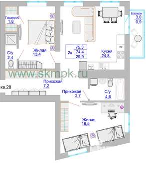 2-к квартира, строящийся дом, 75м2, 6/8 этаж