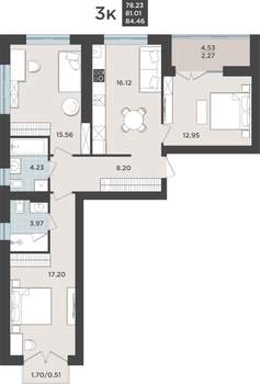 3-к квартира, строящийся дом, 81м2, 7/10 этаж