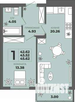 1-к квартира, строящийся дом, 44м2, 5/8 этаж