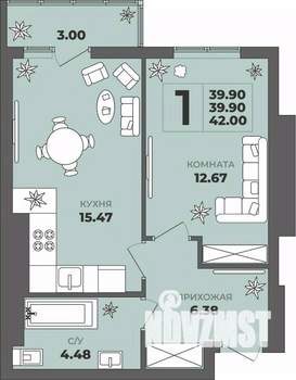 1-к квартира, строящийся дом, 40м2, 7/8 этаж