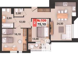2-к квартира, вторичка, 75м2, 7/15 этаж