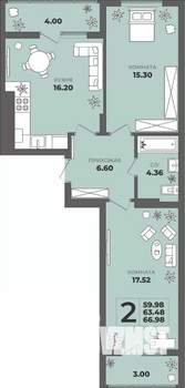 2-к квартира, строящийся дом, 63м2, 2/8 этаж