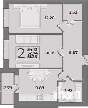 2-к квартира, вторичка, 54м2, 1/9 этаж