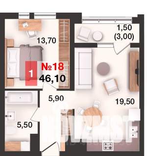 1-к квартира, вторичка, 46м2, 7/15 этаж