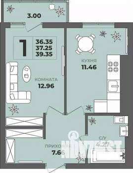 1-к квартира, вторичка, 37м2, 3/8 этаж