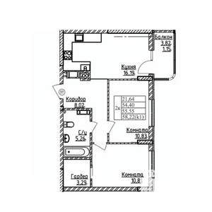 2-к квартира, строящийся дом, 56м2, 5/9 этаж