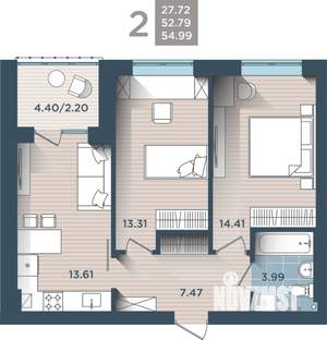 2-к квартира, вторичка, 55м2, 2/4 этаж